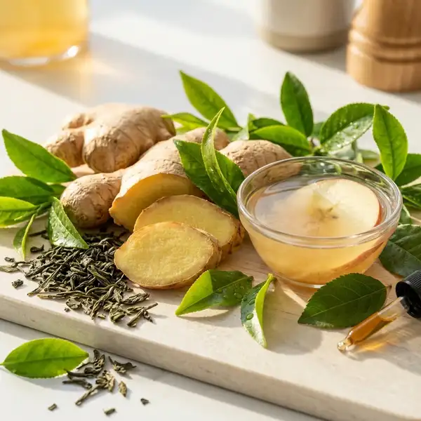 Frische Ingwerwurzel, grüner Tee und Apfelessig